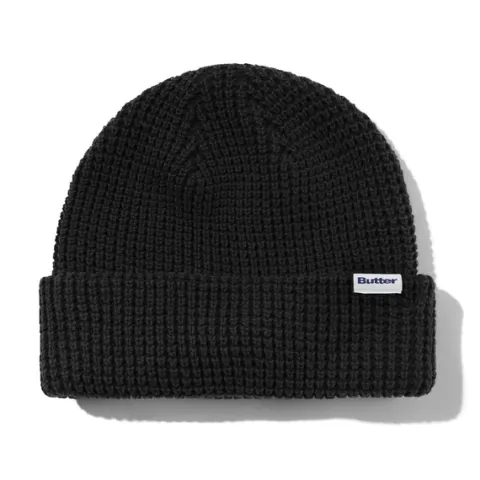 Hats|Beanies-Butter Goods Distressed Waffle Knit Beanie, Washed Black
