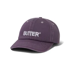 Hats|Beanies-Butter Goods Rounded Logo 6 Panel Cap, Washed Eggplant