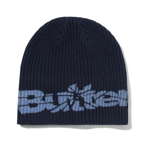 Hats|Beanies-Butter Goods Smashed Logo Knit Skully Beanie, Navy
